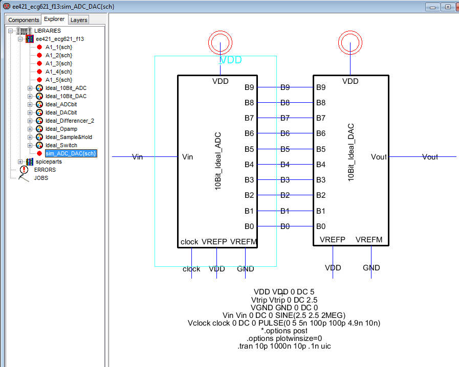 Closed lab2 library and opened sim_ADC_DAC{sch} cell