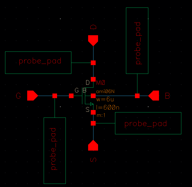 Schematic of NMOS with probe pads