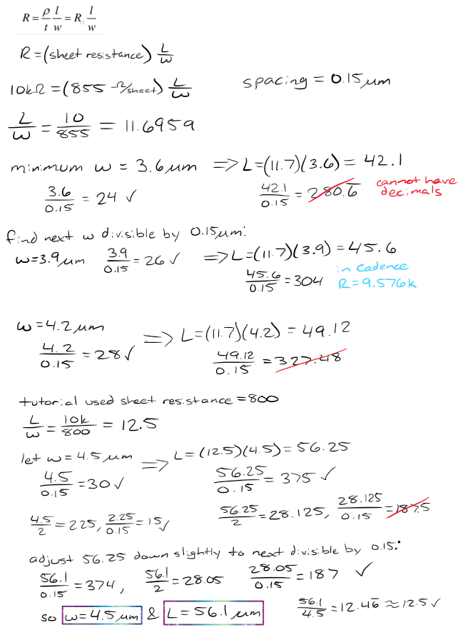 hand calculations to find L and W for 10k n-well