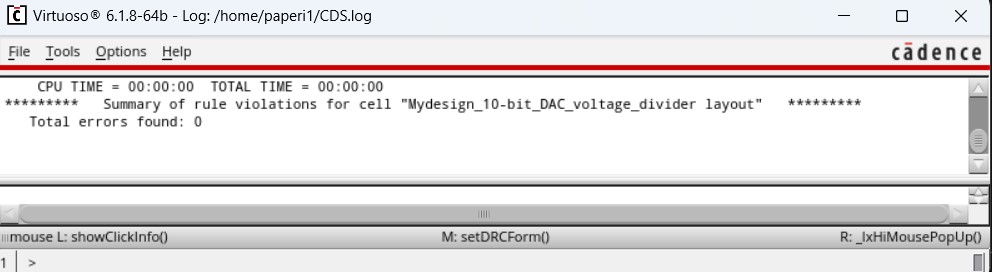 DRC results (0 errors) for voltage divider