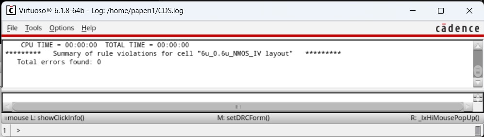 6u/600n NMOS layout DRC results, 0 errors