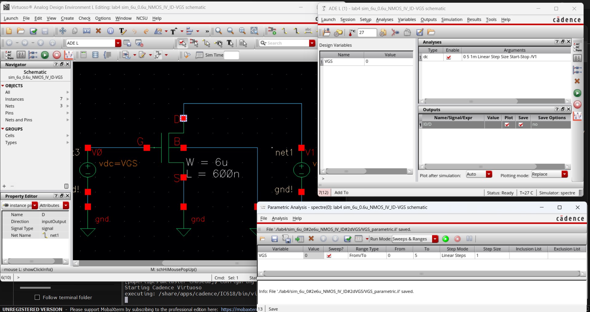 All simulation settings for ID v VDS simulation