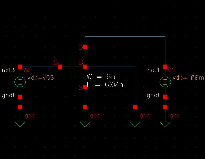 NMOS schematic for ID v VGS simulation