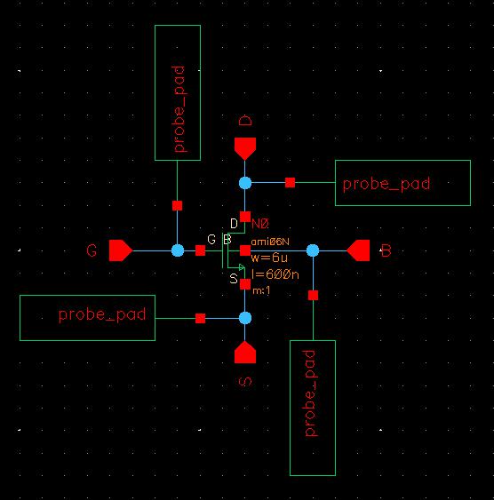6u/0.6u NMOS schematic with probe pads