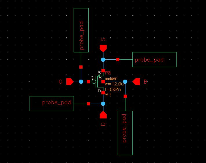 12u/0.6u PMOS schematic with probe pads
