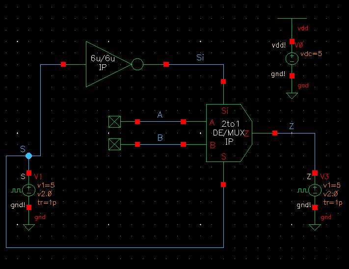 simulation schematic for a 2-to-1 DEMUX